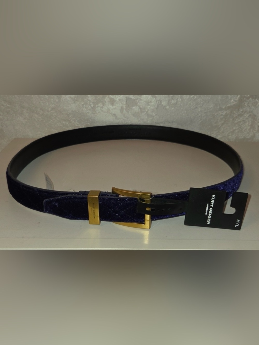 Kurt Geiger Deep Blue Velvet Belt with Gold Buckle